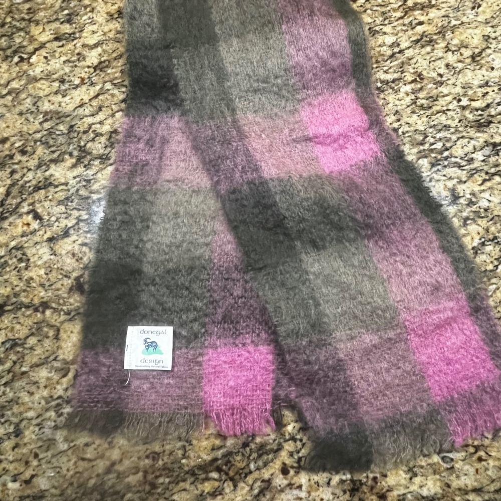 Donegal Ireland Mohair Wool Scarf Pink Grey Plaid Fringed Handcrafted 70in
